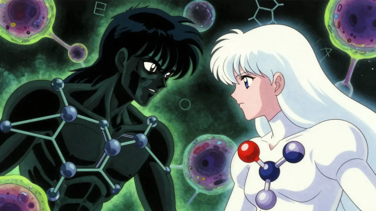 Two molecular spirits representing different drugs confronting each other in a retro anime medical setting.