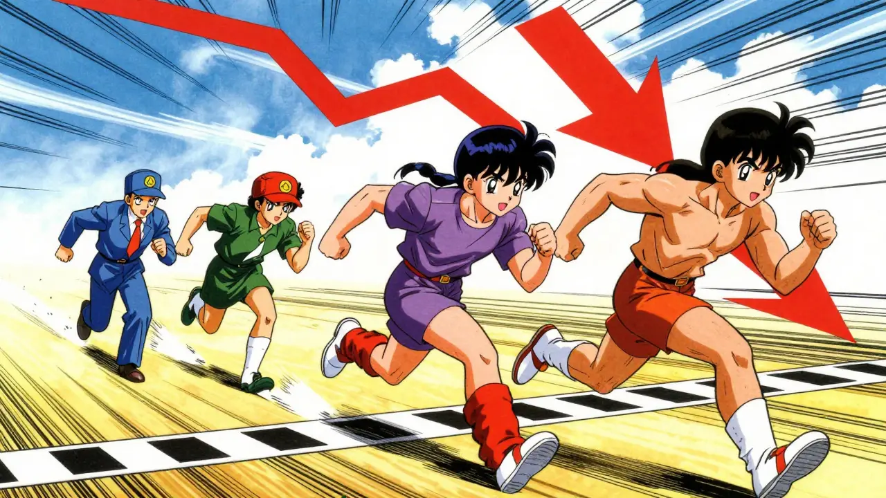 Anime characters racing to lower drug prices, retro 80s style