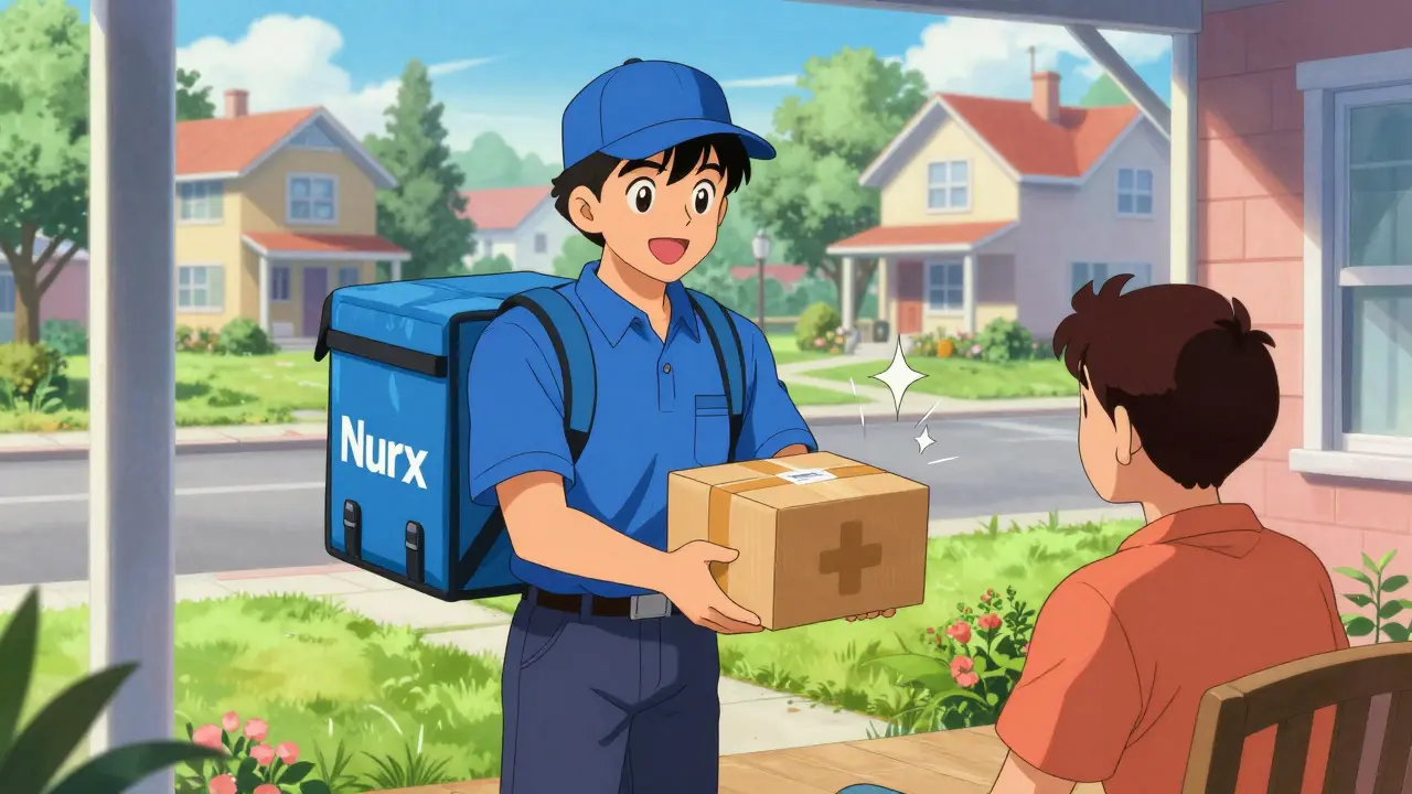 Anime delivery person handing medicine package to patient