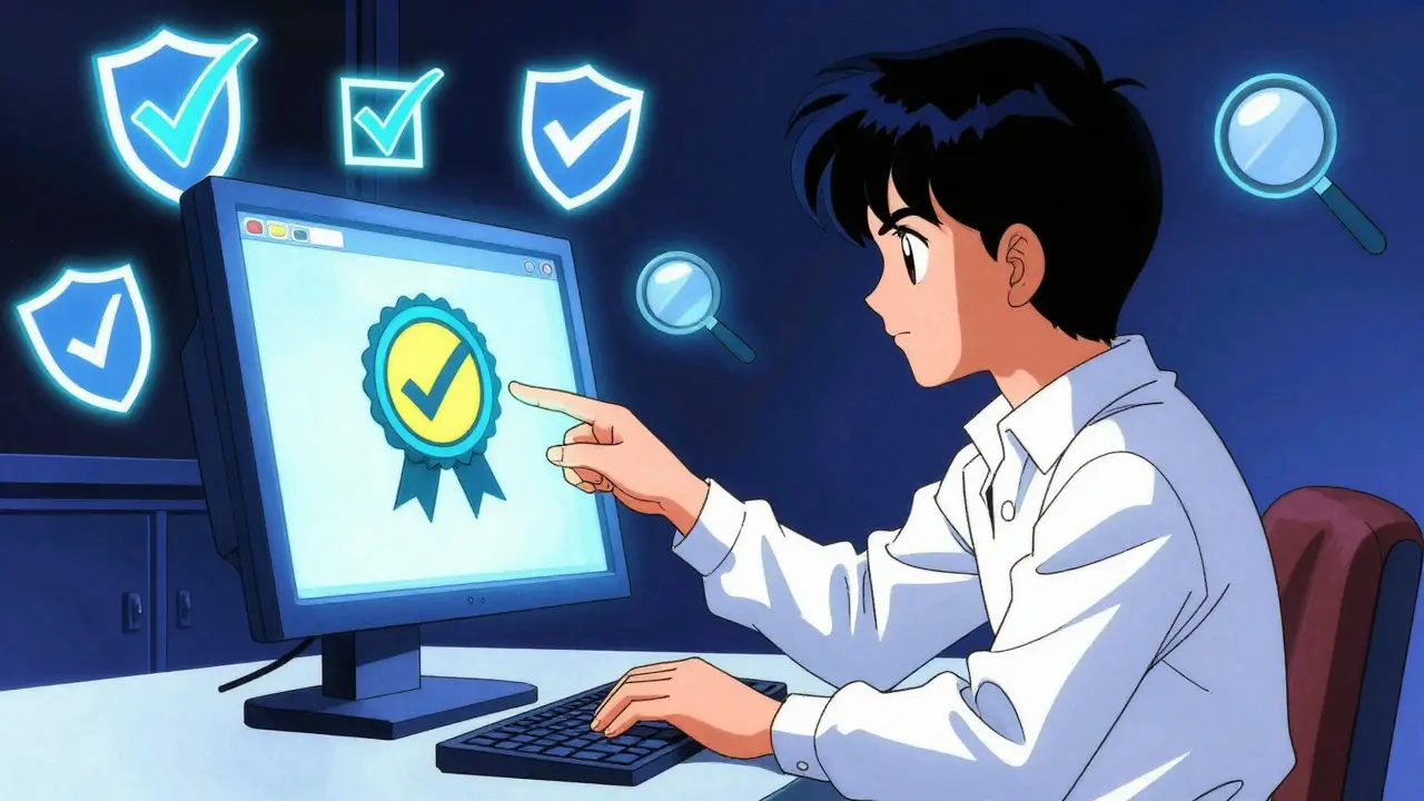 Consumer verifying pharmacy license on computer screen, retro anime art