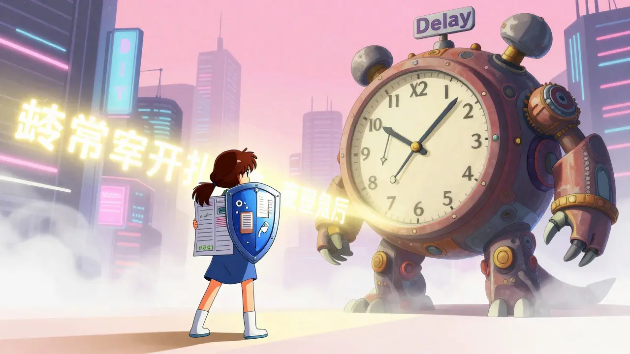 Determined patient with document shield facing a bureaucratic delay monster.