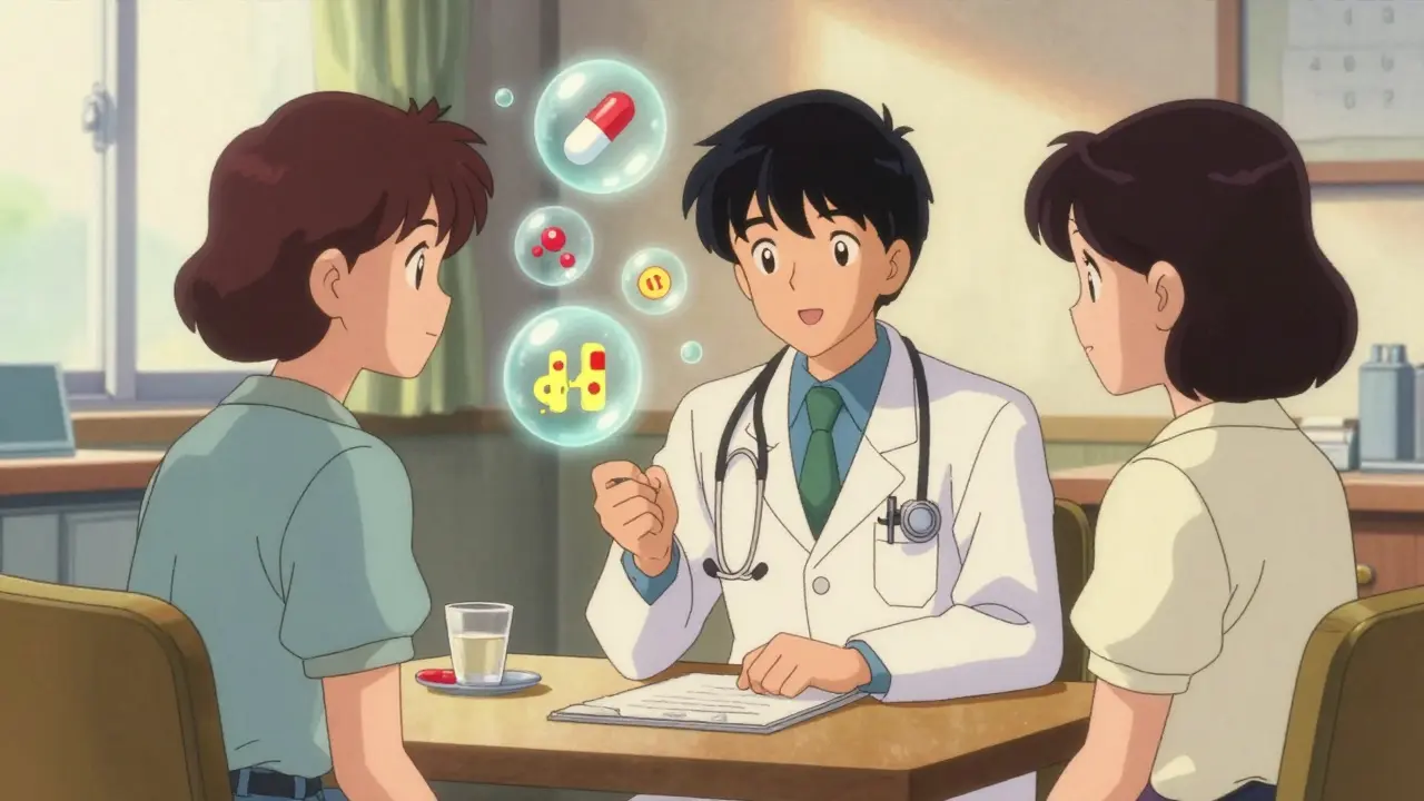 Doctor and patient discussing medication options together in vintage anime art
