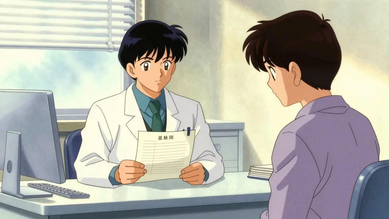 Doctor and patient discussing printed alert in clinic