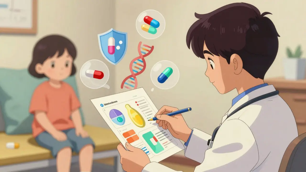 Doctor reviewing charts with child patient in retro anime