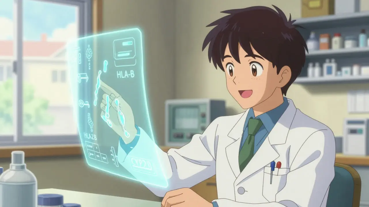 Doctor reviewing holographic genetic data in a bright clinic