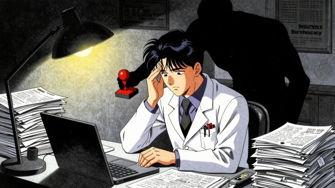 Exhausted doctor at desk surrounded by paperwork under dramatic lighting.