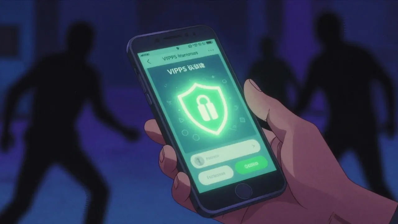 Hand holding phone with safety shield against online scams