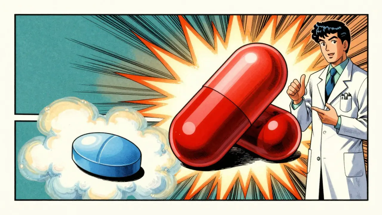Manga style illustration comparing mild OTC pills to strong prescription drugs.