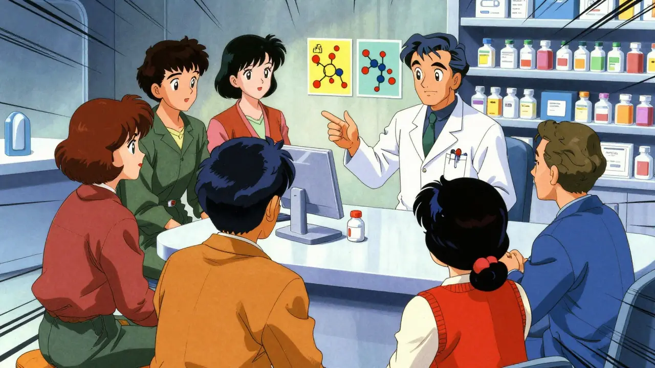 Pharmacist helping diverse patients choose medications in retro anime style