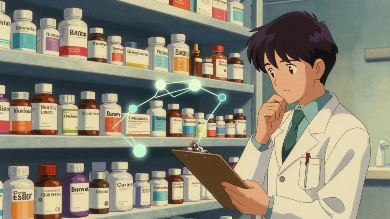 Pharmacist reviewing medications and interactions