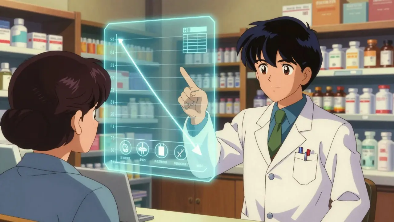 Pharmacist showing price drop chart to customer, retro anime