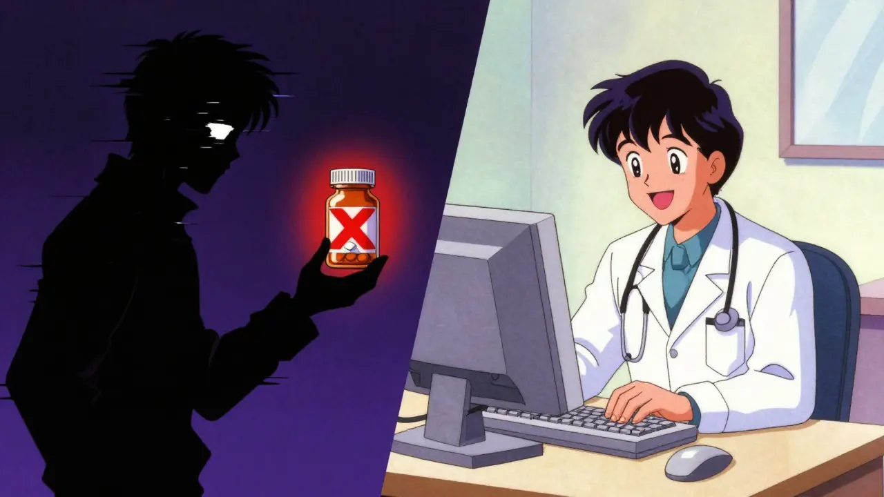 Retro anime comparing unsafe pills vs safe telehealth doctor
