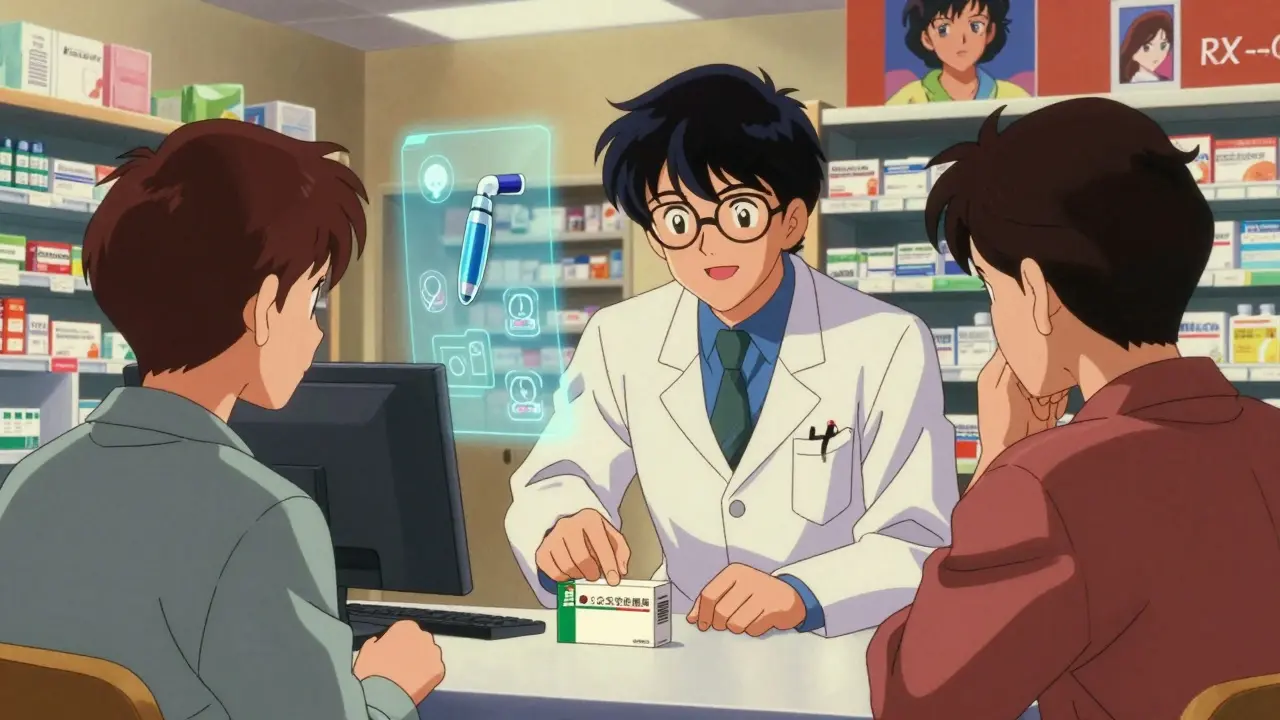 Retro anime pharmacist advising a patient on medication choices at a counter.