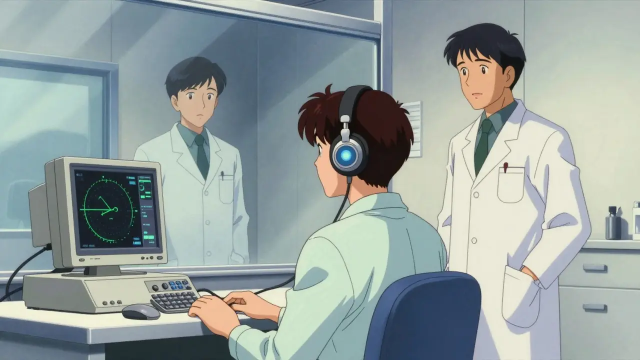 Retro anime scene of an employee undergoing a hearing test