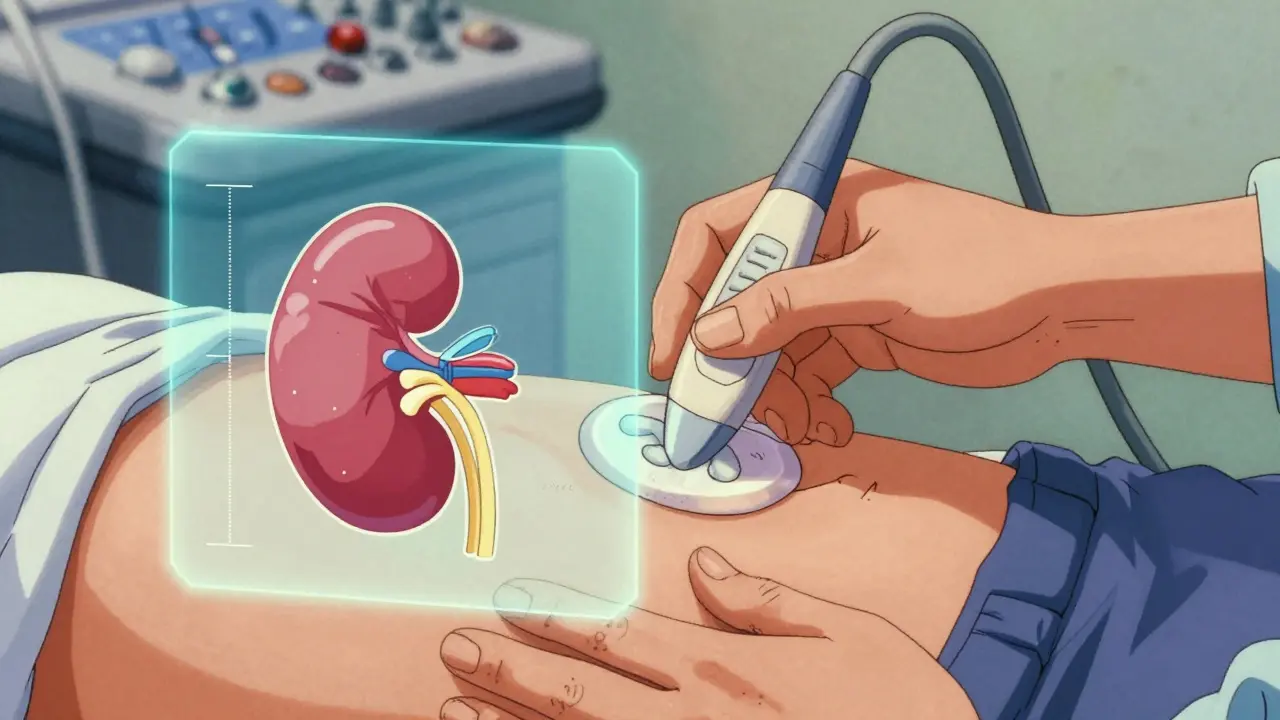 Sonographer scanning abdomen with kidney measurement overlay