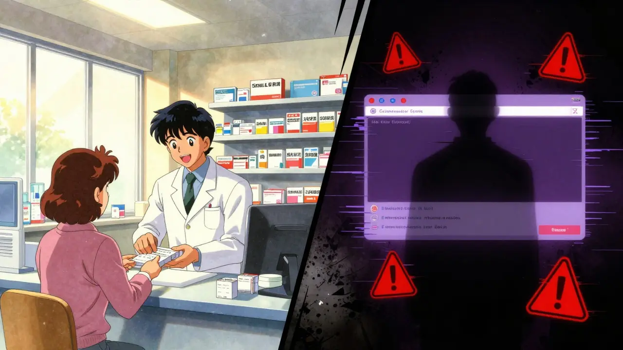 Split scene: safe pharmacy vs dark online scam site in retro anime style