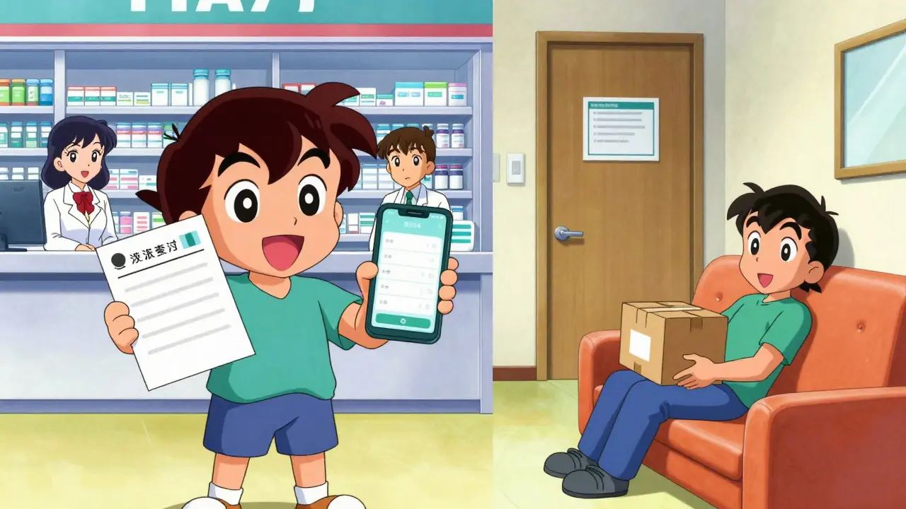 Split scene showing pharmacy pickup vs home delivery options