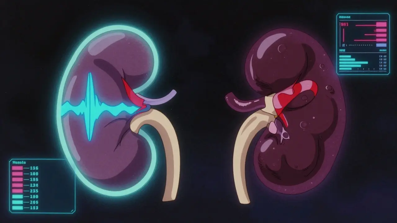 Stylized comparison of healthy vs obstructed kidney blood flow