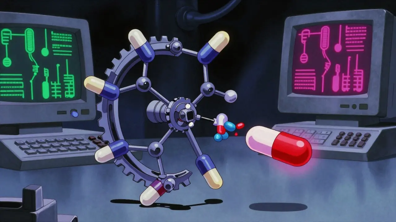 Stylized enzymes processing pills in a retro anime lab setting