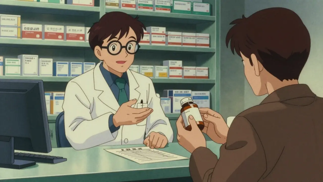 A pharmacist advising a customer about a supplement bottle at a pharmacy counter