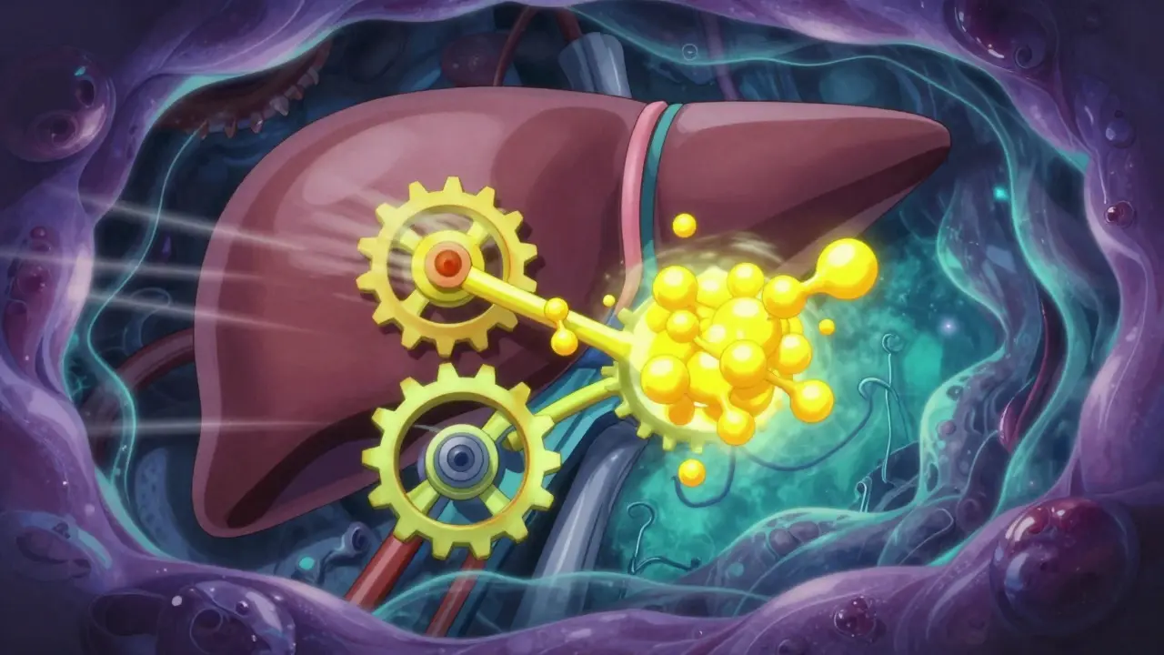 Abstract retro anime view of quercetin blocking liver enzyme gears