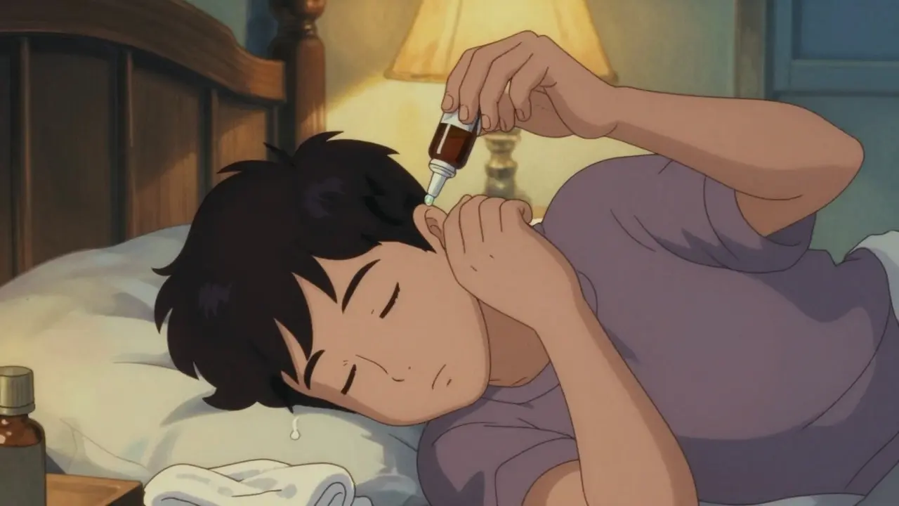 Anime character applying ear drops while lying on side