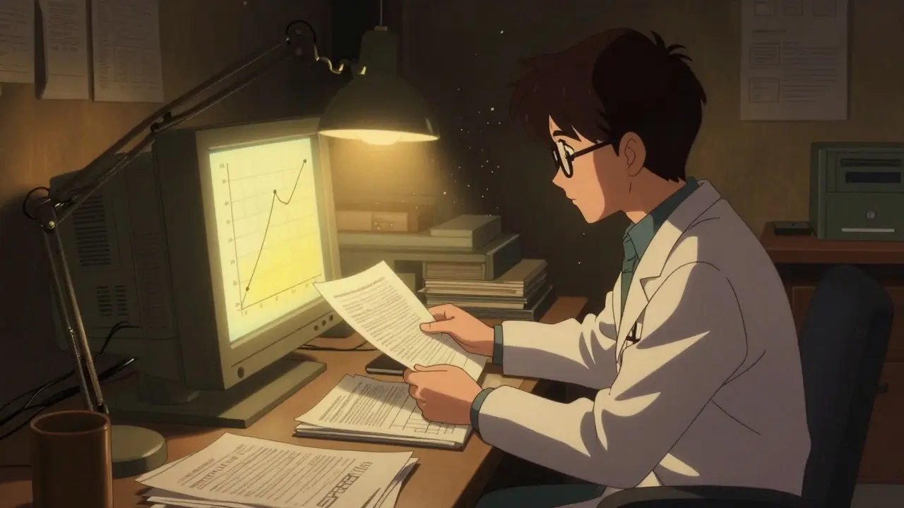 Anime researcher analyzing hidden safety signals in clinical reports