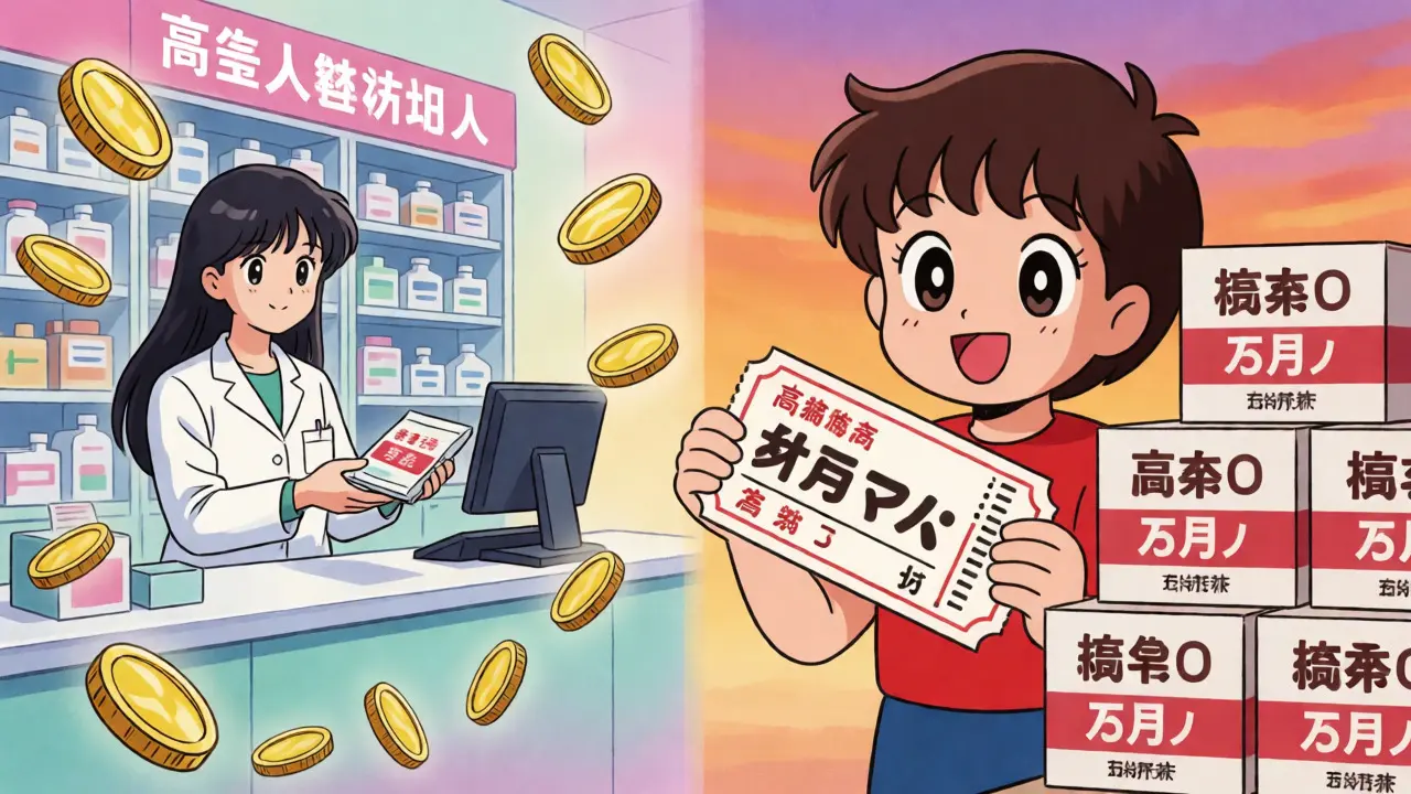 Anime-style comparison of high retail costs versus discounts