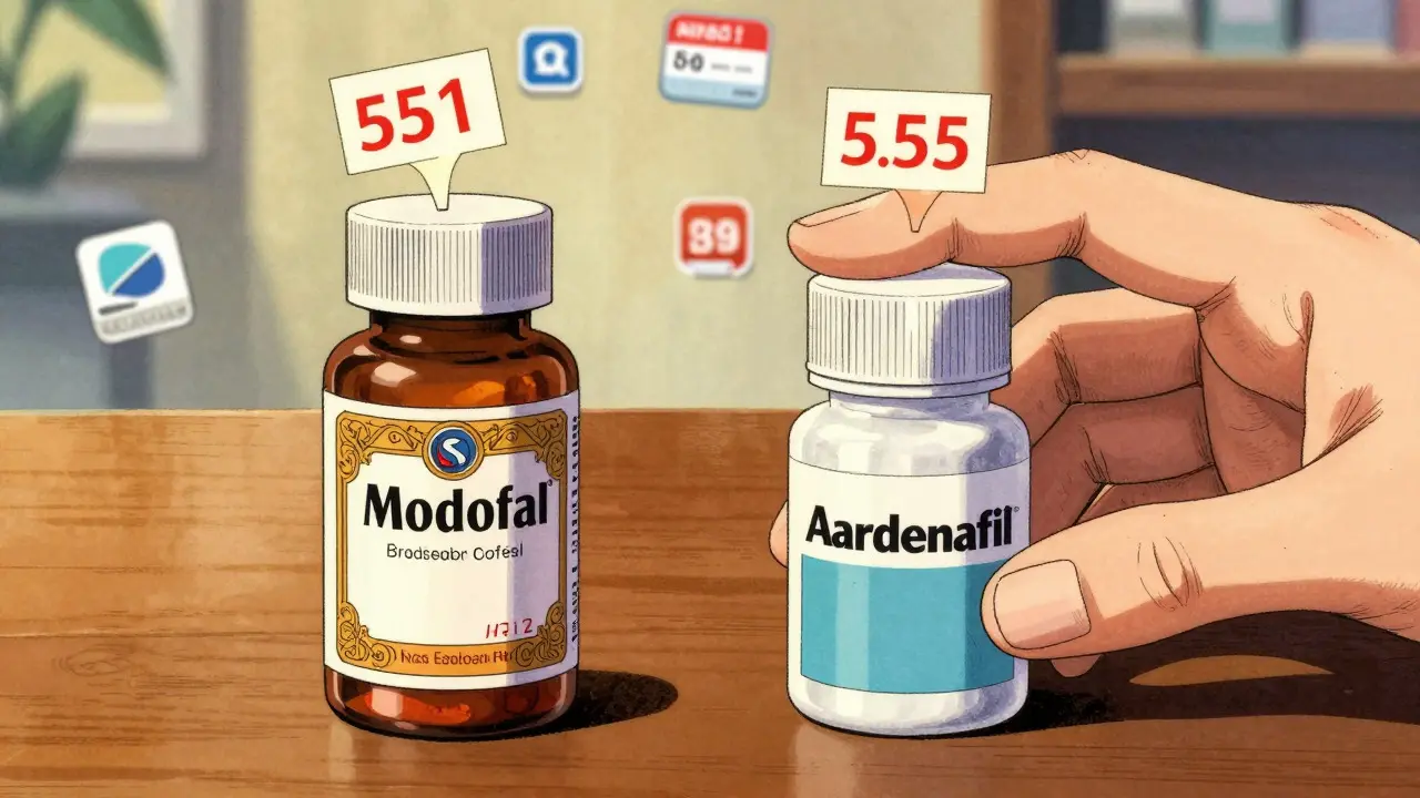 Comparison of expensive brand vs cheap generic pills with price tags in vintage anime art.