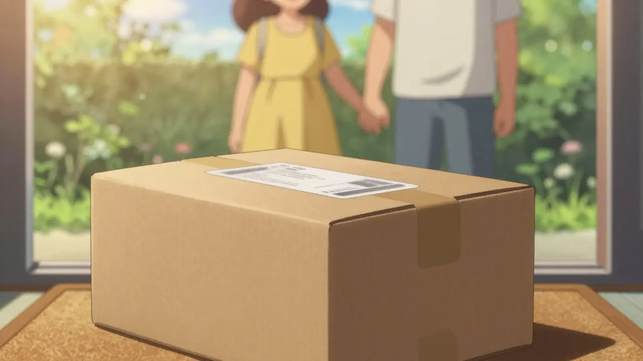 Discreet medicine package delivery with hopeful couple background