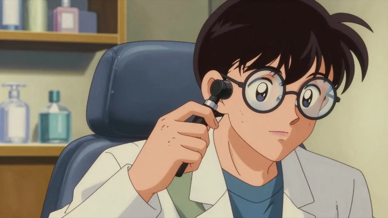 Doctor examining a patient's ear with an otoscope in a clinic