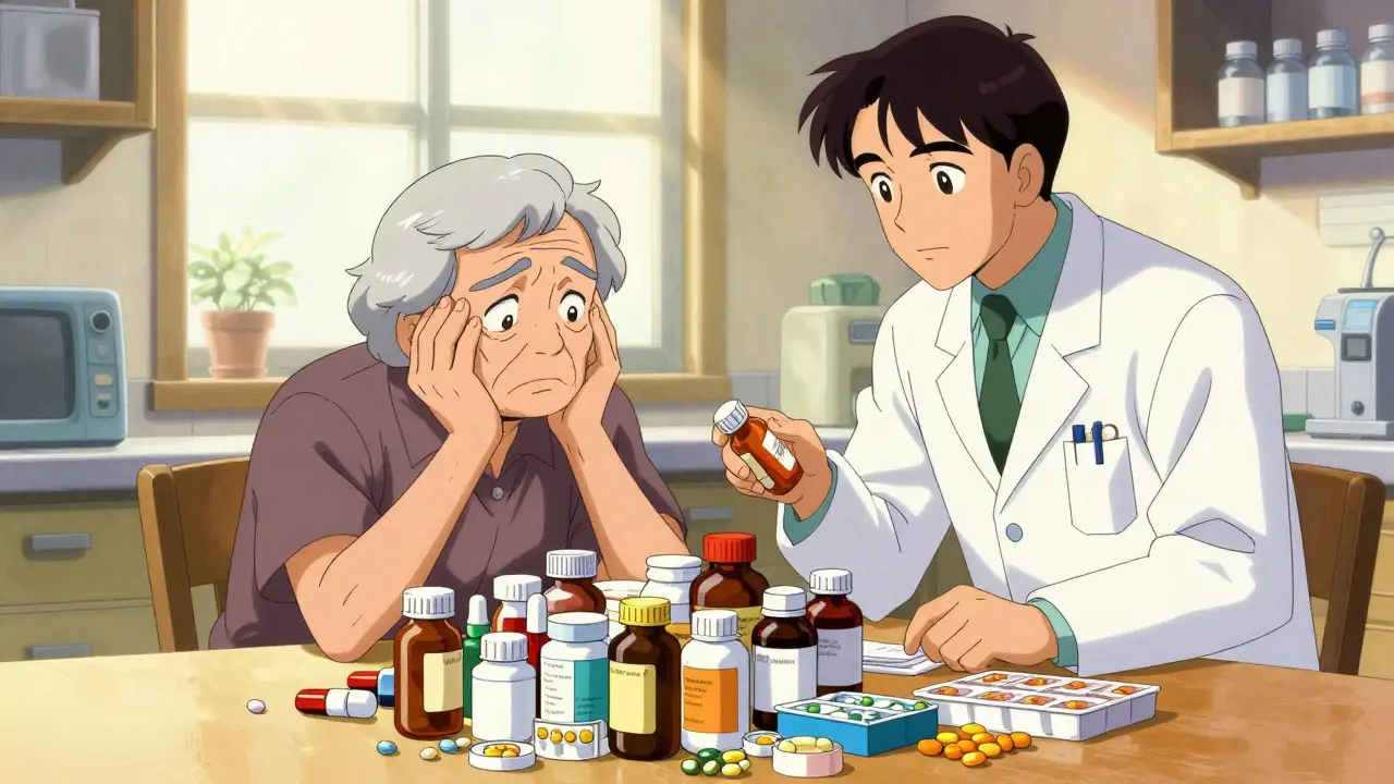 Elderly person reviewing many medications with a pharmacist