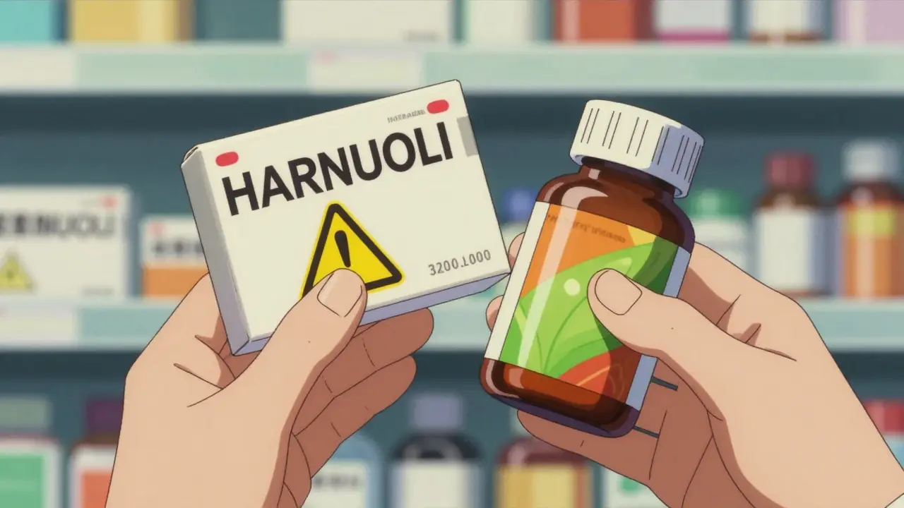 Hands comparing a prescription box with a warning sign to a supplement bottle