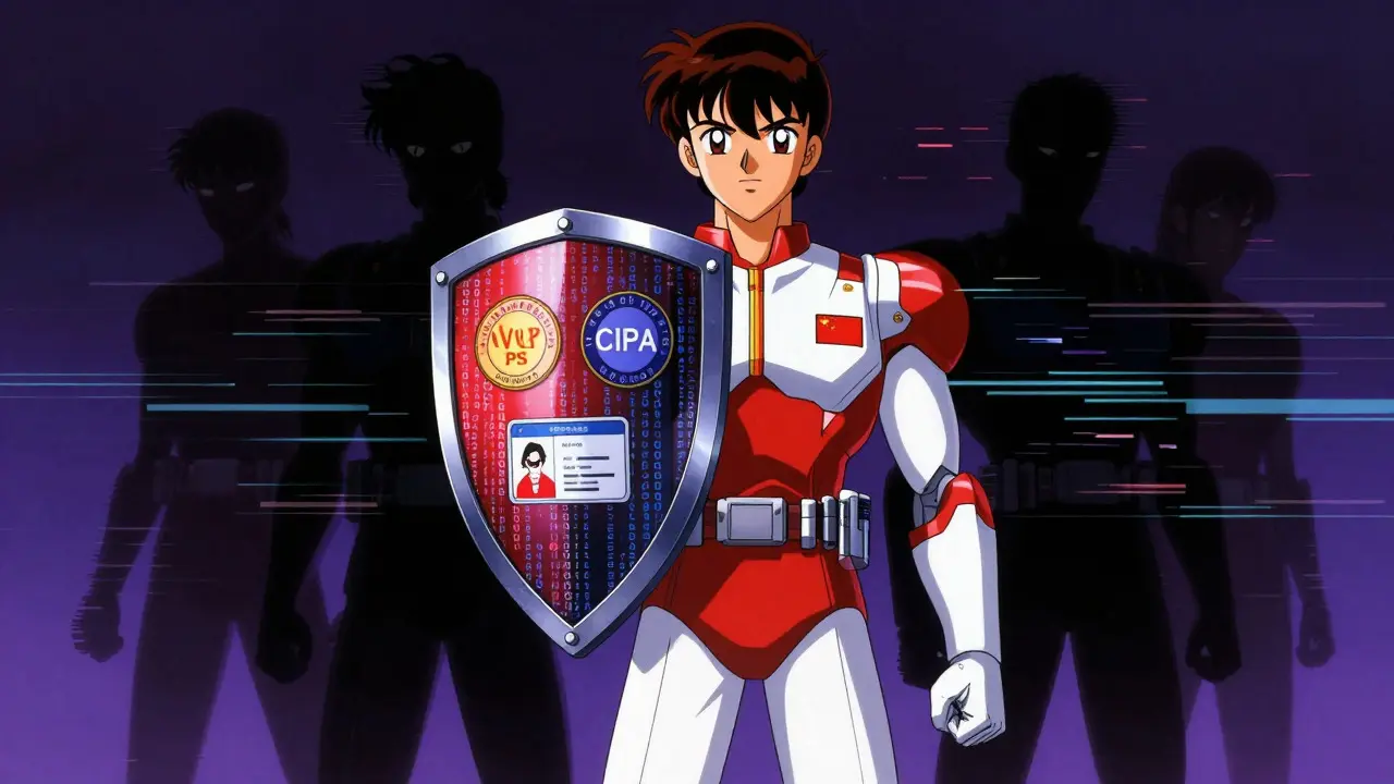 Heroic figure shielding against fake pharmacy scams with accreditation seals in retro anime.