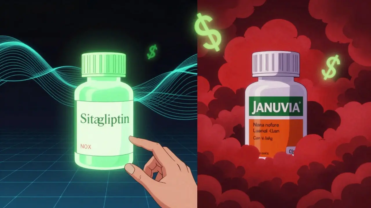Illustration comparing cheap generic sitagliptin to expensive brand-name Januvia pills.