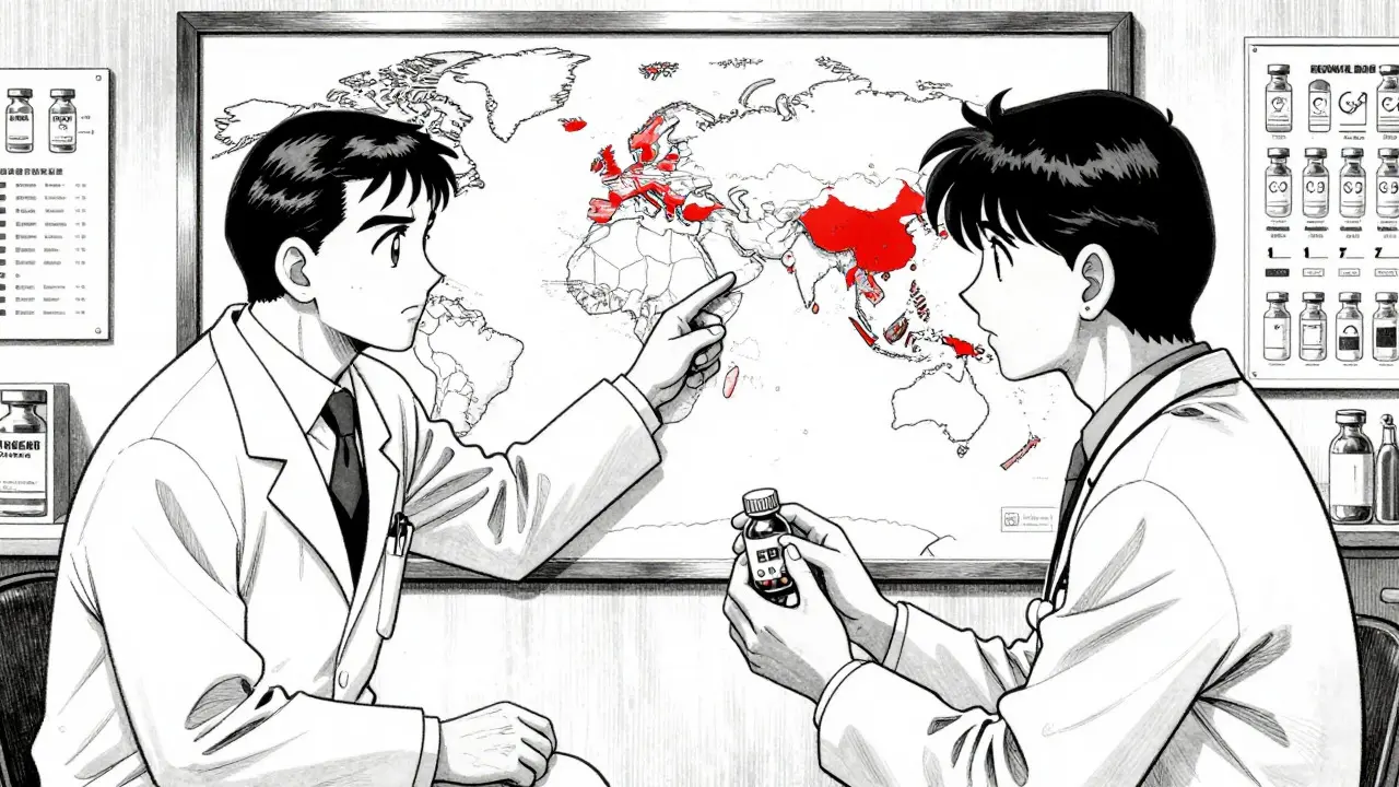Manga doctor explaining malaria risks on a world map to a patient.