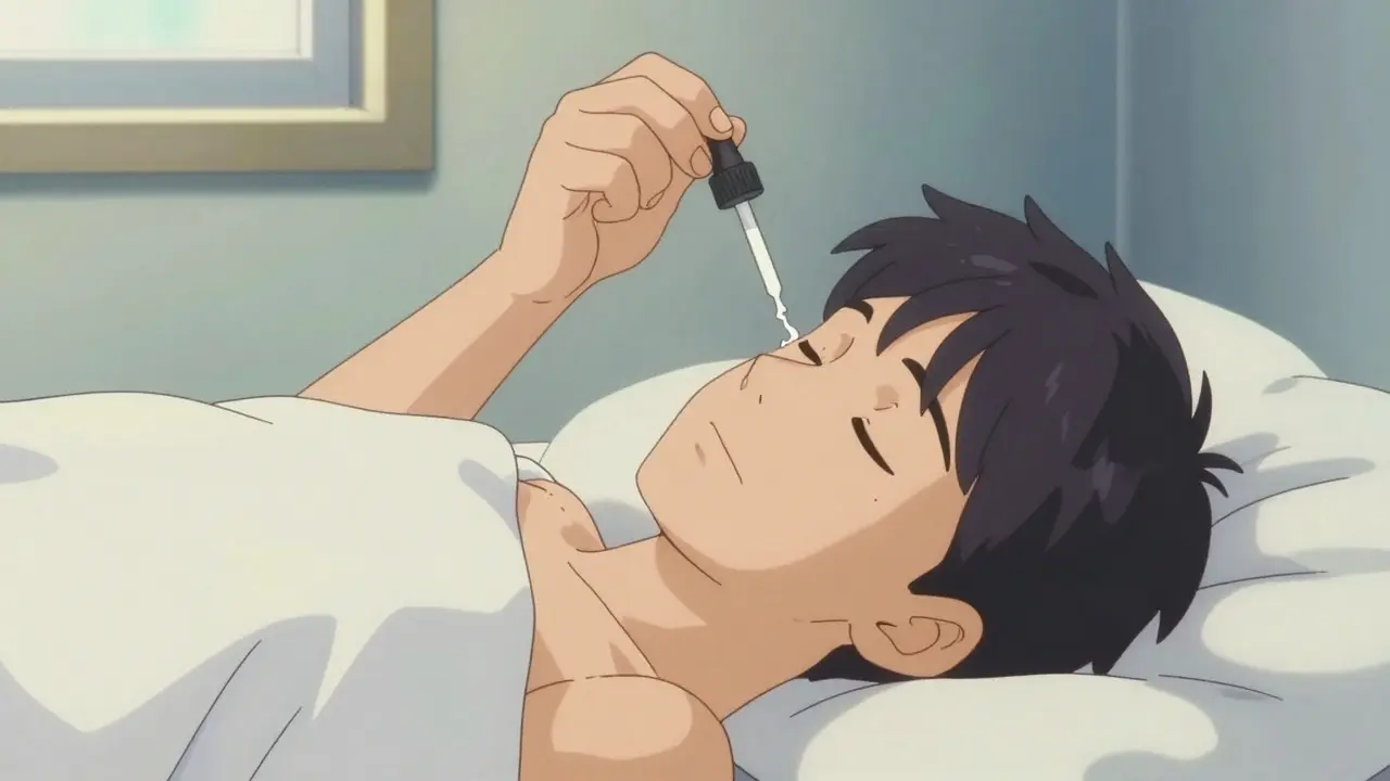 Person lying down applying ear drops correctly, retro anime style