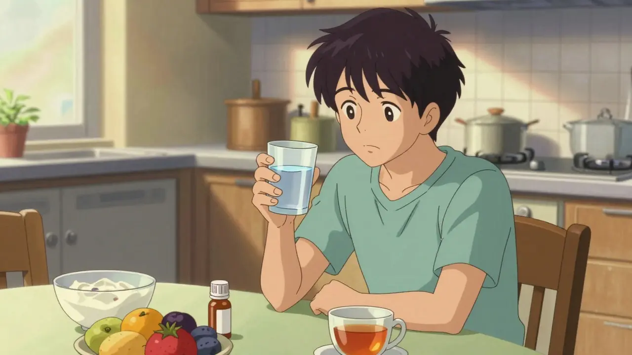 Person taking medication with healthy food in sunny kitchen