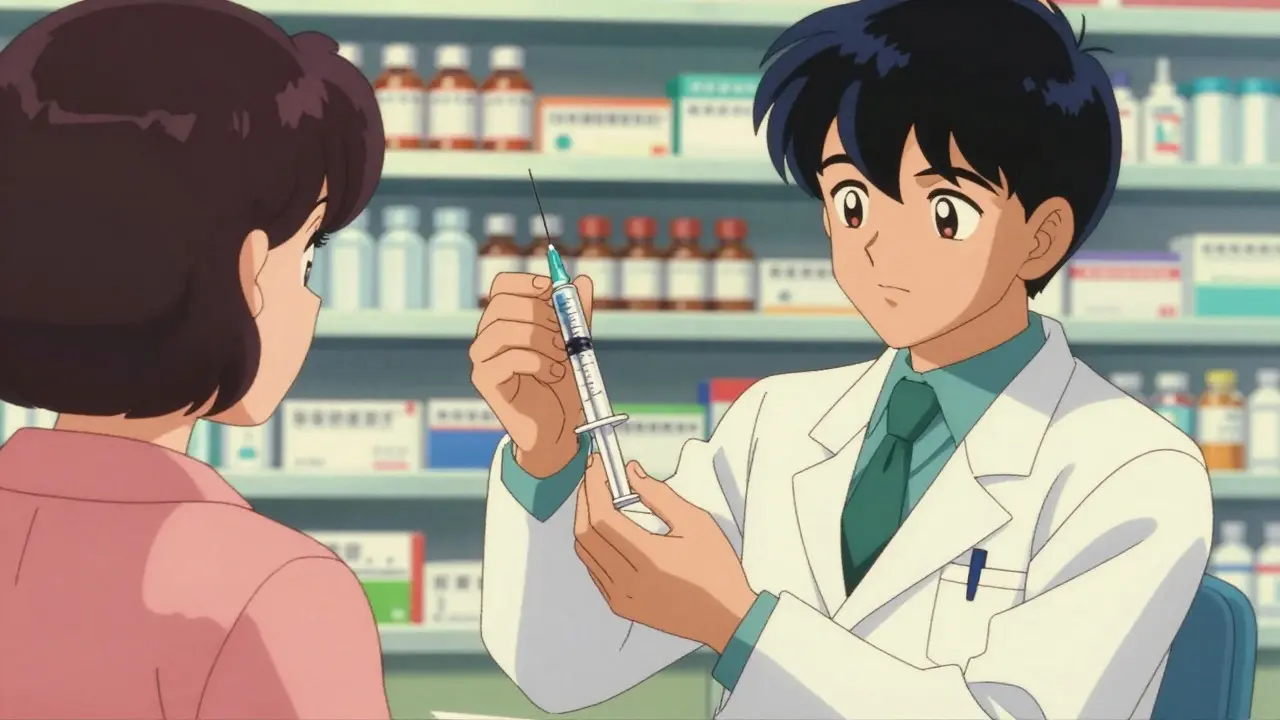 Pharmacist demonstrating oral syringe use in vintage anime art