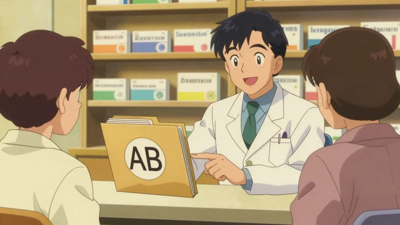 Pharmacist explaining AB rating to patient
