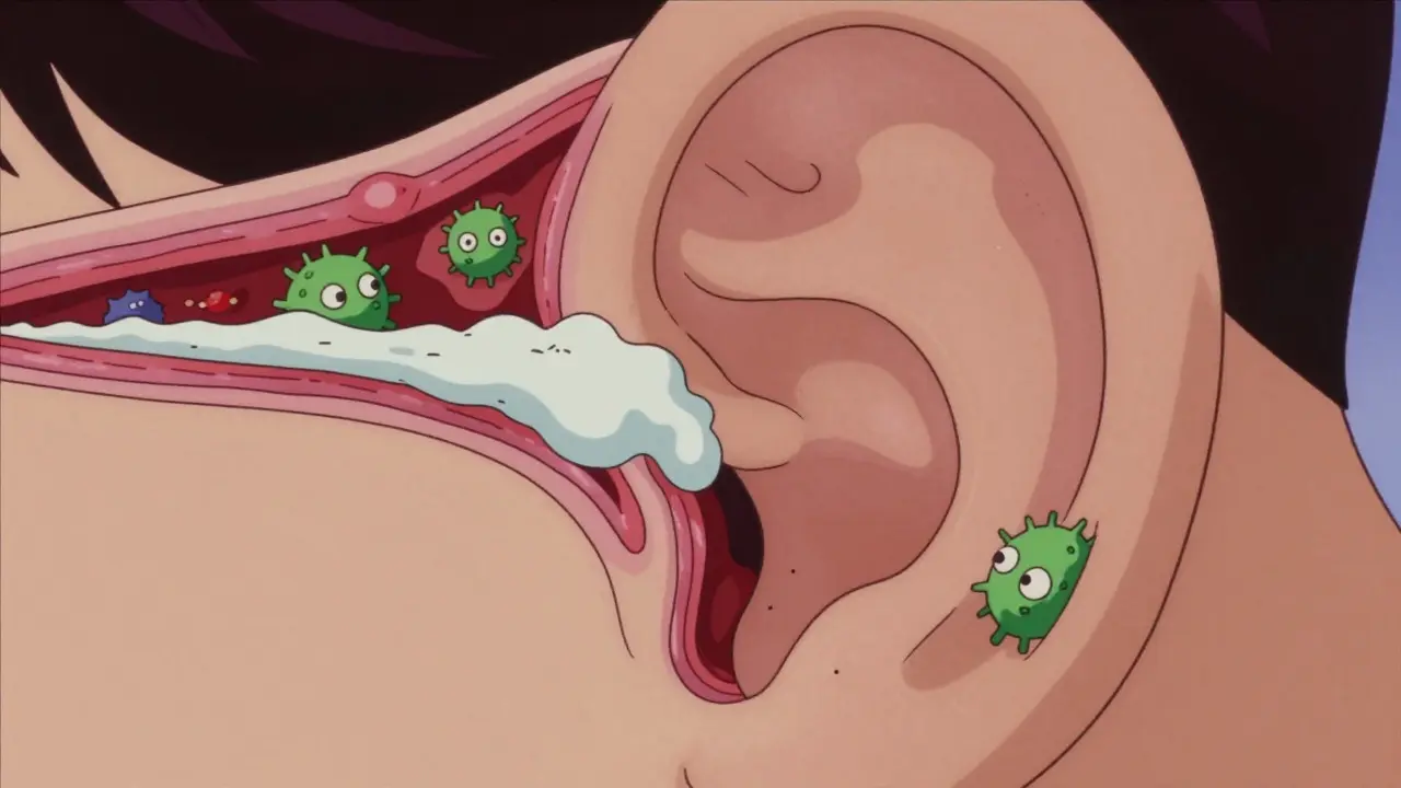 Retro anime cross-section of ear canal showing bacterial infection