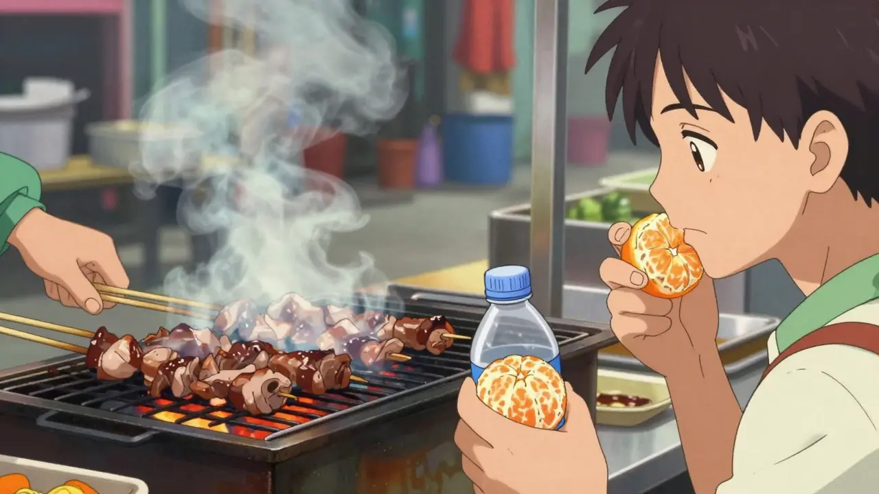 Retro anime scene of safe street food preparation and careful eating.