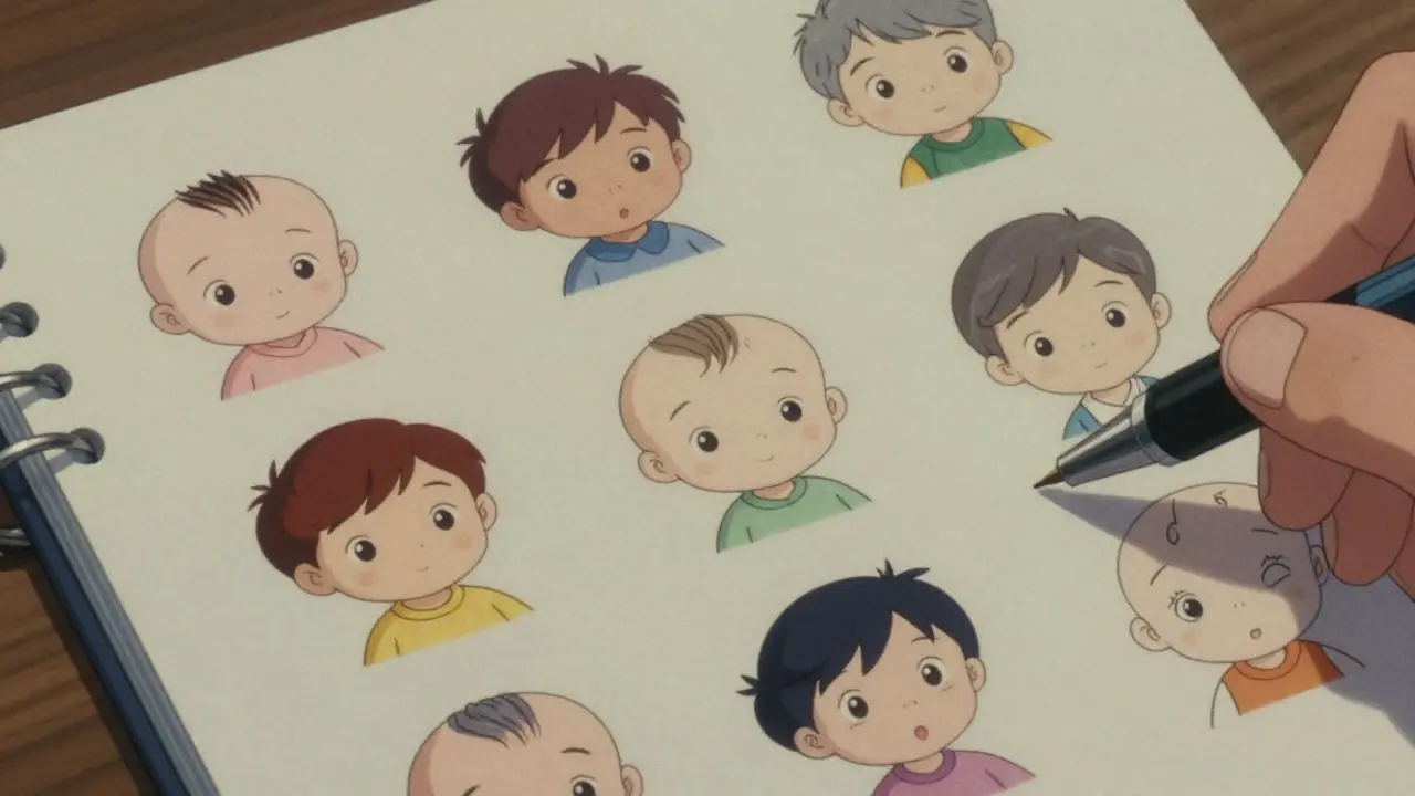 Sketchbook with drawings of children of different ages in anime style