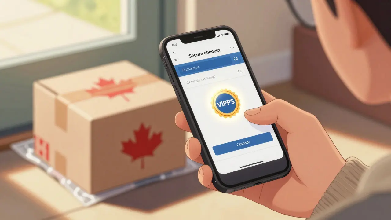 Smartphone displaying a secure pharmacy checkout with a trusted certification seal and delivered package.