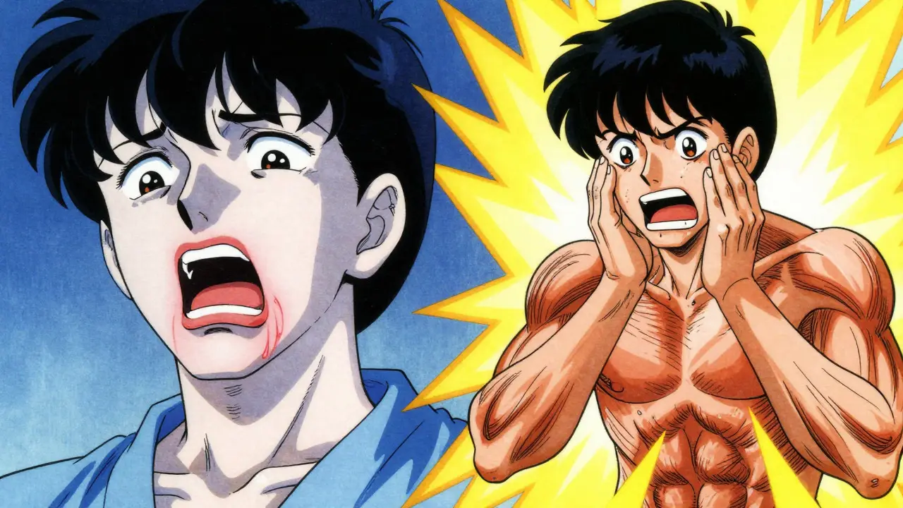 Split scene showing breathing difficulty and muscle tremors