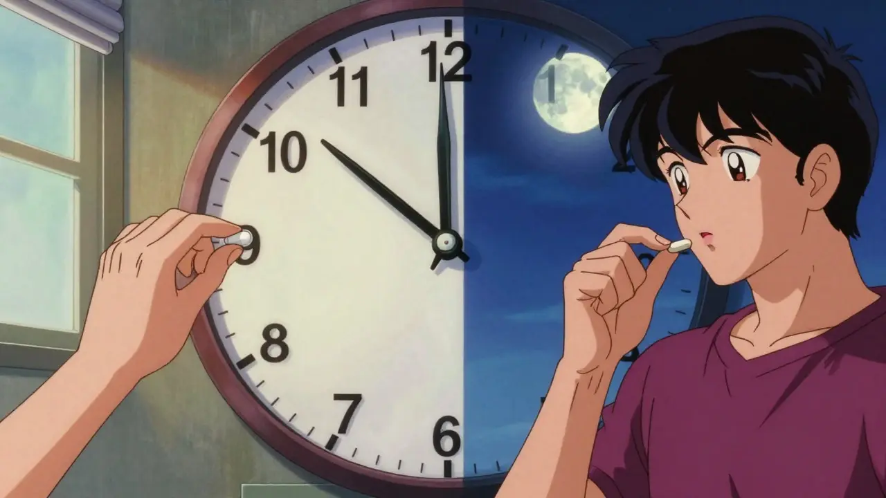 Split screen showing morning medication and evening supplement timing
