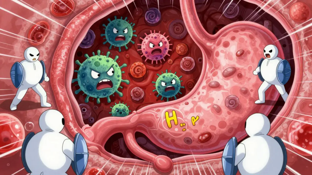 Stylized H. pylori bacteria attacking stomach lining in anime style
